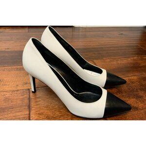 Saint Laurent Paris White Black Two Tone Leather Pumps Heels, Size 38.5 | 8.5